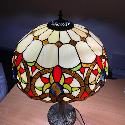 Auroh Tiffany Victorian floral scroll table lamp illuminated showing stained glass colours