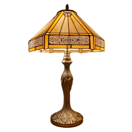 Auroh Tiffany table lamp 16 inch TFTL-1605 amber Mission-style geometric stained glass shade on dark blue antique base