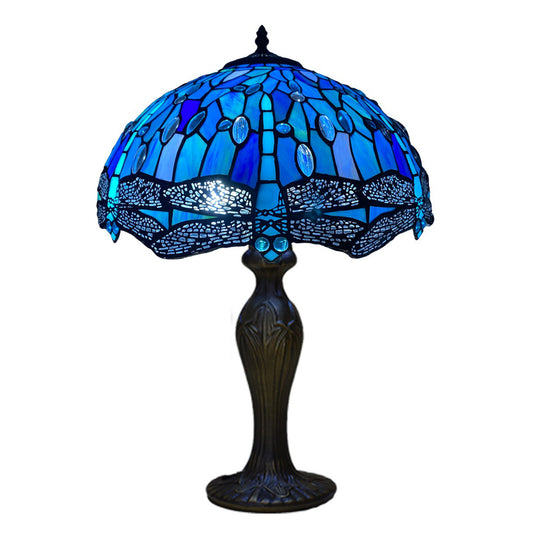 Auroh Tiffany table lamp 16 inch TFTL-1607 deep sapphire blue dragonfly stained glass shade on bronze base