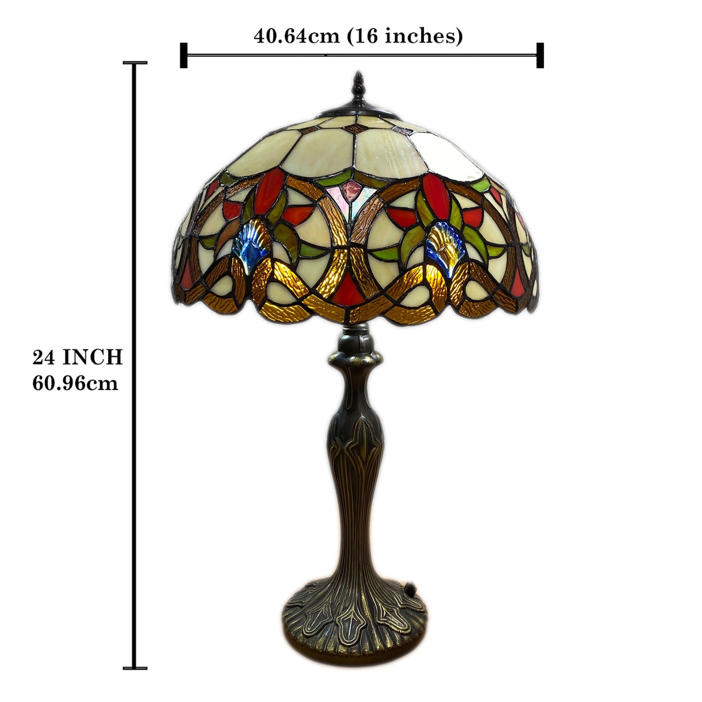 Auroh Tiffany table lamp 16 inch dimensions diagram showing height and shade width