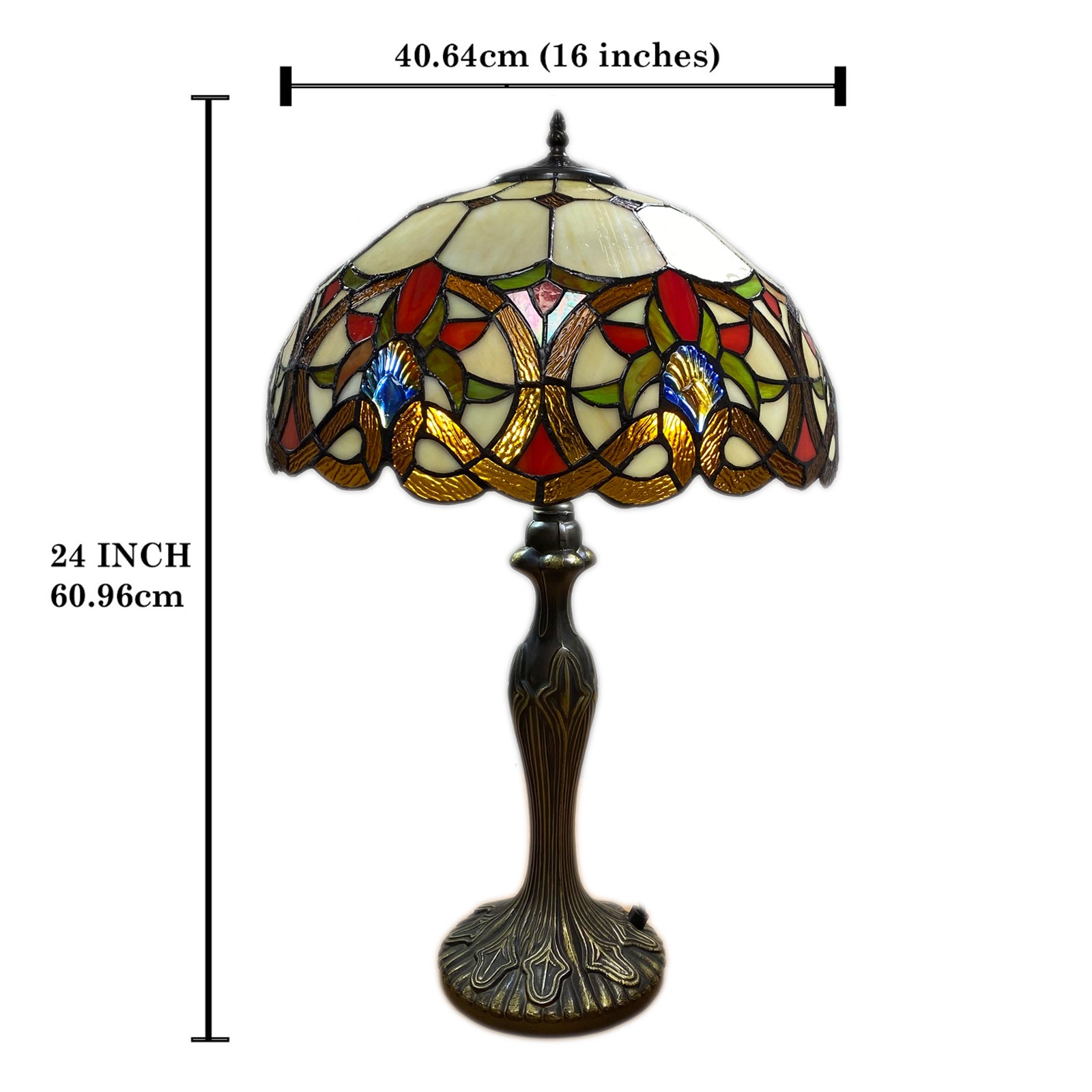 Auroh Tiffany table lamp 16 inch dimensions diagram showing height and shade width
