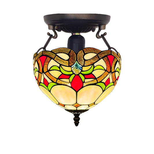 Auroh Tiffany Ceiling Light 10 Inch – C-1050 Cream & Amber Floral Scroll Handcrafted Stained Glass, Bedroom or Hallway, UK