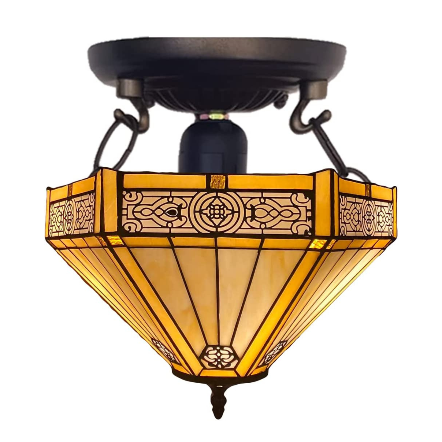 Auroh Tiffany ceiling light 16 inch C-1605 amber Mission-style geometric stained glass flush mount