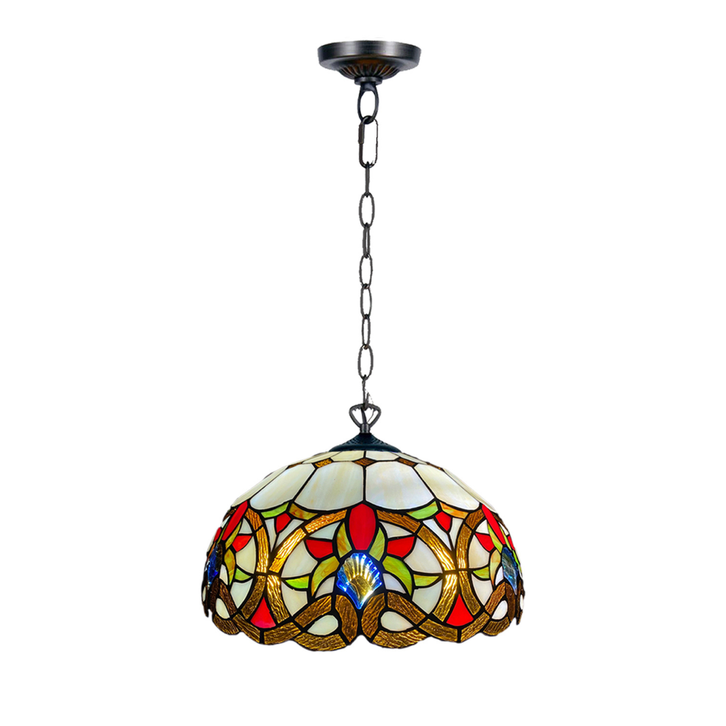 Auroh Tiffany pendant light 16 inch P-1650 amber Victorian floral scroll stained glass hanging fitting