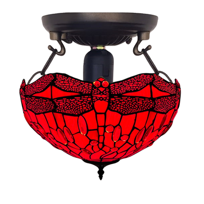 Auroh Tiffany ceiling light 16 inch C-1606 red dragonfly stained glass flush mount fitting