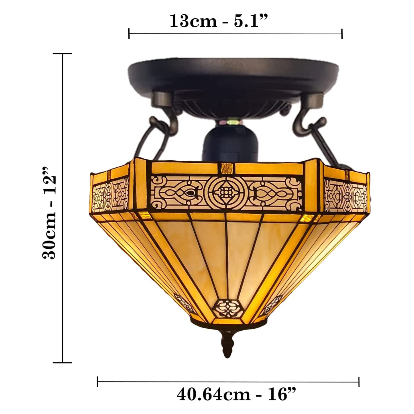 Auroh Tiffany Ceiling Light 16 Inch – C-1605 Amber Mission-Style Geometric Handcrafted Stained Glass, UK