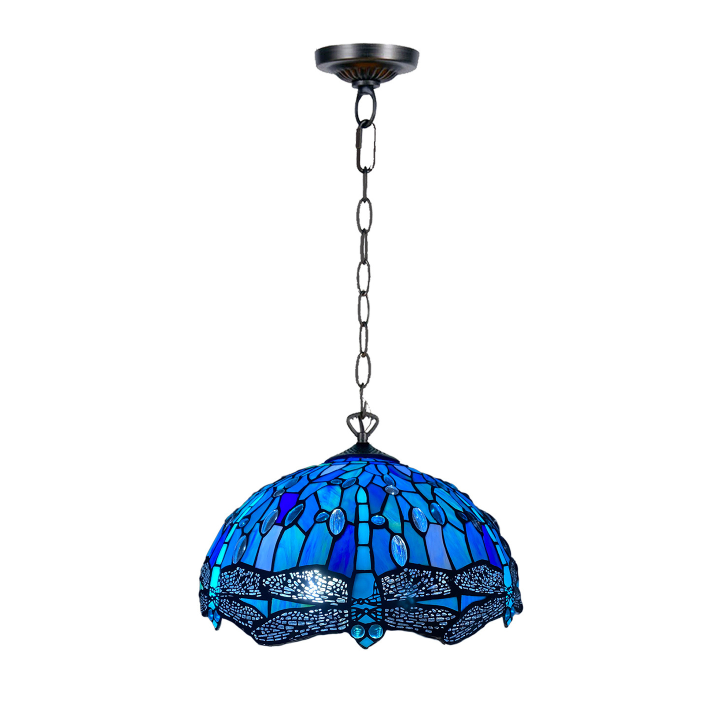 Auroh Tiffany pendant light 16 inch P-1607 deep sapphire blue dragonfly stained glass hanging fitting