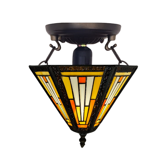 Auroh Tiffany Ceiling Light 10 Inch – C-1051 Cream & Amber Sunset Mission-Style Geometric Handcrafted Stained Glass, Bedroom or Hallway, UK