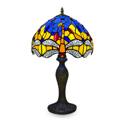 Auroh Tiffany Table Lamp 10 Inch – TFTL-1003 Blue & Yellow Dragonfly with White Wings Handcrafted Stained Glass, Bedside or Desk, UK