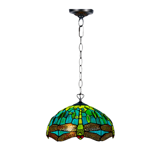 Auroh Tiffany Pendant Light 16 Inch – P-1615 Teal & Green Dragonfly Handcrafted Stained Glass, UK