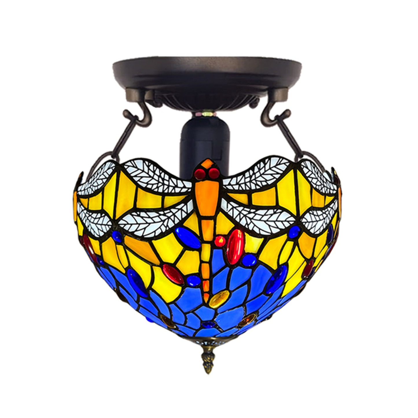 Auroh Tiffany Ceiling Light 10 Inch – C-1003 Blue & Yellow Dragonfly with White Wings Handcrafted Stained Glass, Bedroom or Hallway, UK