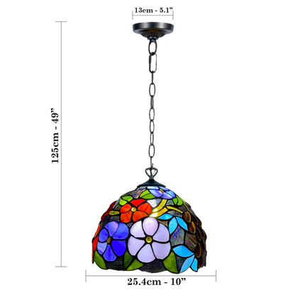 Auroh Tiffany Pendant Light 10 Inch – P-1009 Vibrant Multicolour Garden Floral Handcrafted Stained Glass, Hallway or Bedroom, UK