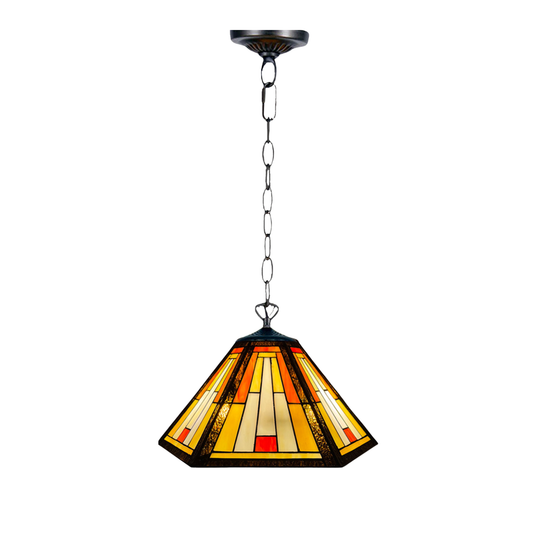 Auroh Tiffany Pendant Light 16 Inch – P-1651 Cream & Amber Sunset Mission-Style Geometric Handcrafted Stained Glass, UK
