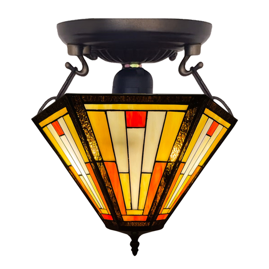 Auroh Tiffany Ceiling Light 16 Inch – C-1651 Cream & Amber Sunset Mission-Style Geometric Handcrafted Stained Glass, UK