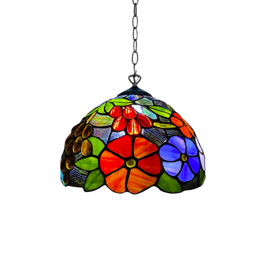 Auroh Tiffany Pendant Light 10 Inch – P-1009 Vibrant Multicolour Garden Floral Handcrafted Stained Glass, Hallway or Bedroom, UK