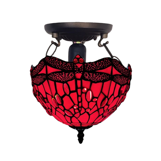 Auroh Tiffany Ceiling Light 10 Inch – C-1006 Deep Scarlet Red Jewelled Dragonfly Handcrafted Stained Glass, Bedroom or Hallway, UK