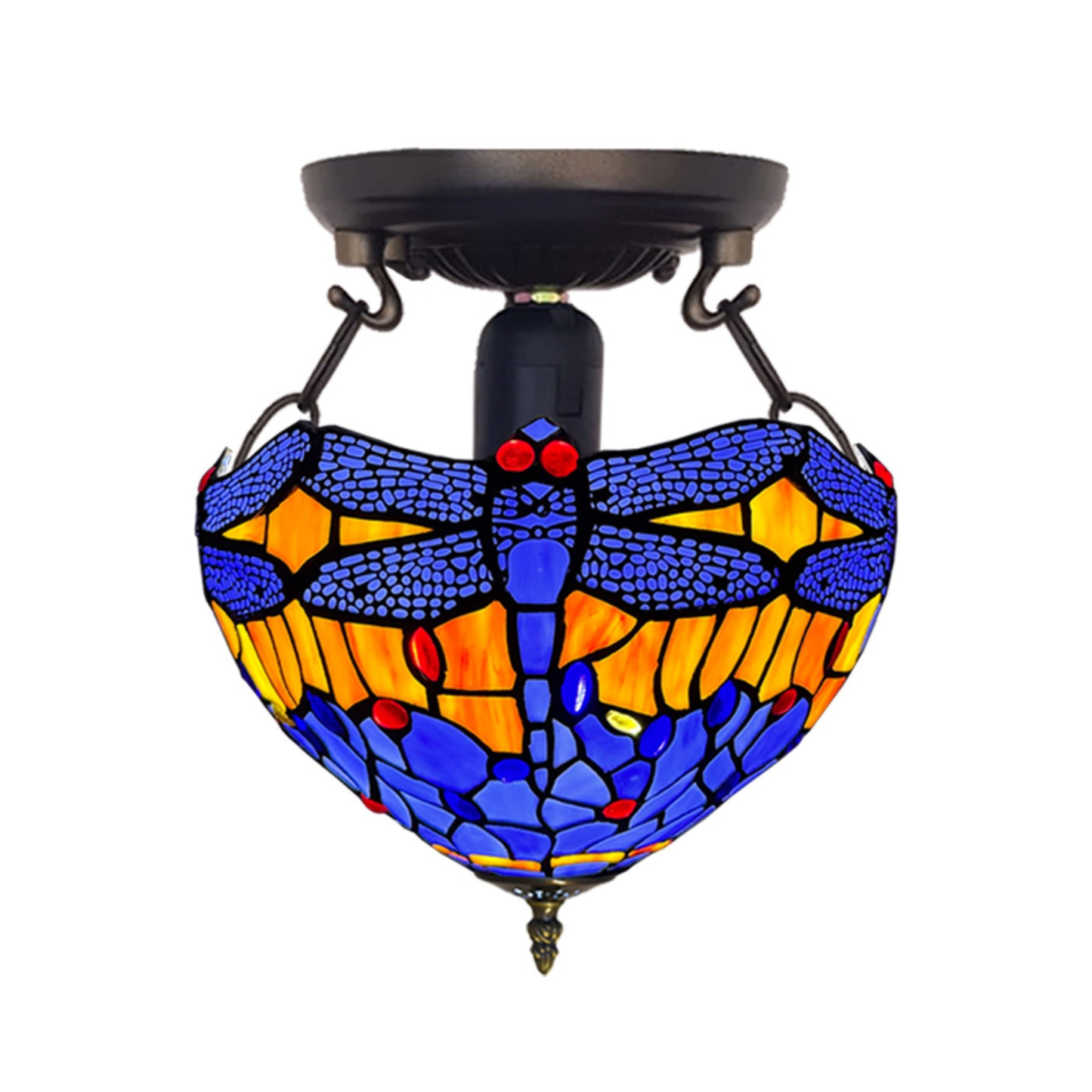 Auroh Tiffany Ceiling Light 10 Inch – C-1002 Blue & Amber Sunset Dragonfly Handcrafted Stained Glass, Bedroom or Hallway, UK