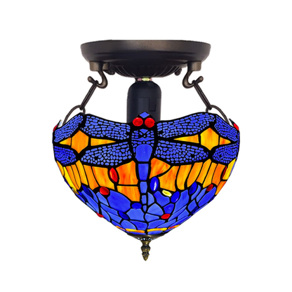 Auroh Tiffany Ceiling Light 10 Inch – C-1002 Blue & Amber Sunset Dragonfly Handcrafted Stained Glass, Bedroom or Hallway, UK
