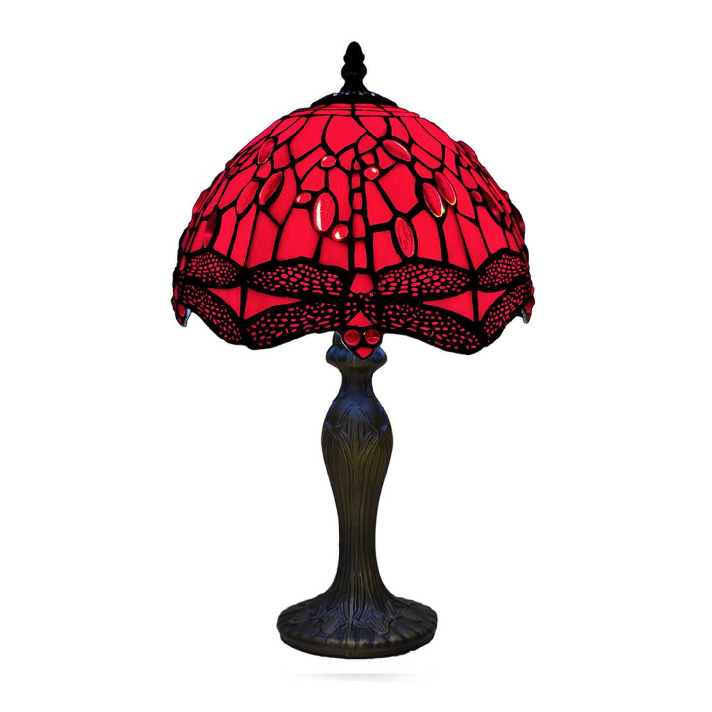 Auroh Tiffany Table Lamp 10 Inch – TFTL-1006 Deep Scarlet Red Jewelled Dragonfly Handcrafted Stained Glass, Bedside or Desk, UK