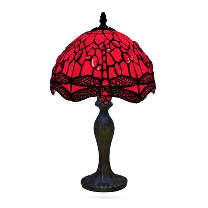 Auroh Tiffany Table Lamp 10 Inch – TFTL-1006 Deep Scarlet Red Jewelled Dragonfly Handcrafted Stained Glass, Bedside or Desk, UK