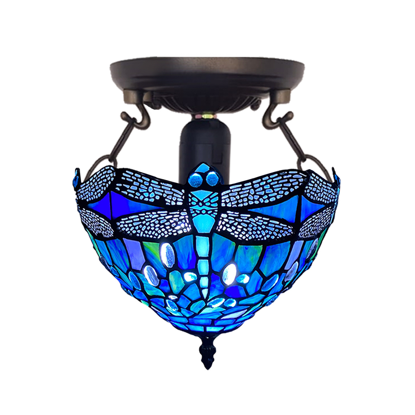 Auroh Tiffany Ceiling Light 10 Inch – C-1007 Deep Sapphire Blue Dragonfly Handcrafted Stained Glass, Bedroom or Hallway, UK