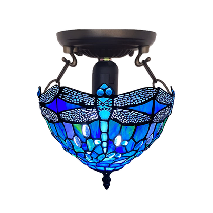 Auroh Tiffany Ceiling Light 10 Inch – C-1007 Deep Sapphire Blue Dragonfly Handcrafted Stained Glass, Bedroom or Hallway, UK