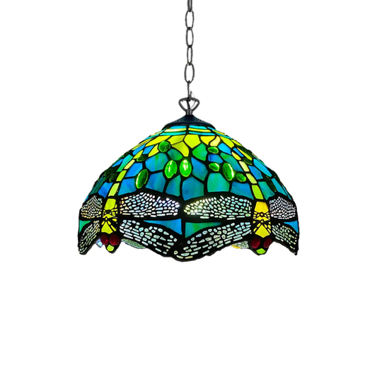 Auroh Tiffany Pendant Light 10 Inch – P-1015 Teal & Green Dragonfly Handcrafted Stained Glass, Hallway or Bedroom, UK