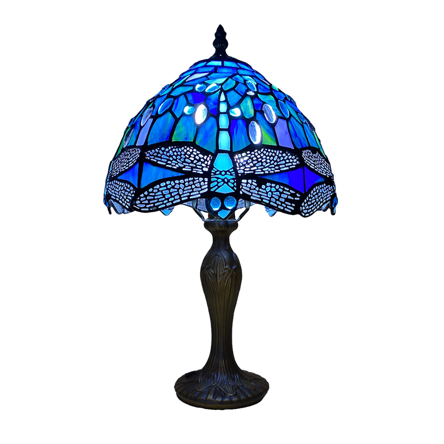 Auroh Tiffany Table Lamp 10 Inch – TFTL-1007 Deep Sapphire Blue Dragonfly Handcrafted Stained Glass, Bedside or Desk, UK