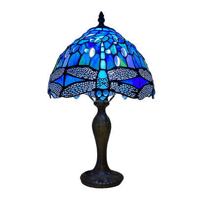 Auroh Tiffany Table Lamp 10 Inch – TFTL-1007 Deep Sapphire Blue Dragonfly Handcrafted Stained Glass, Bedside or Desk, UK