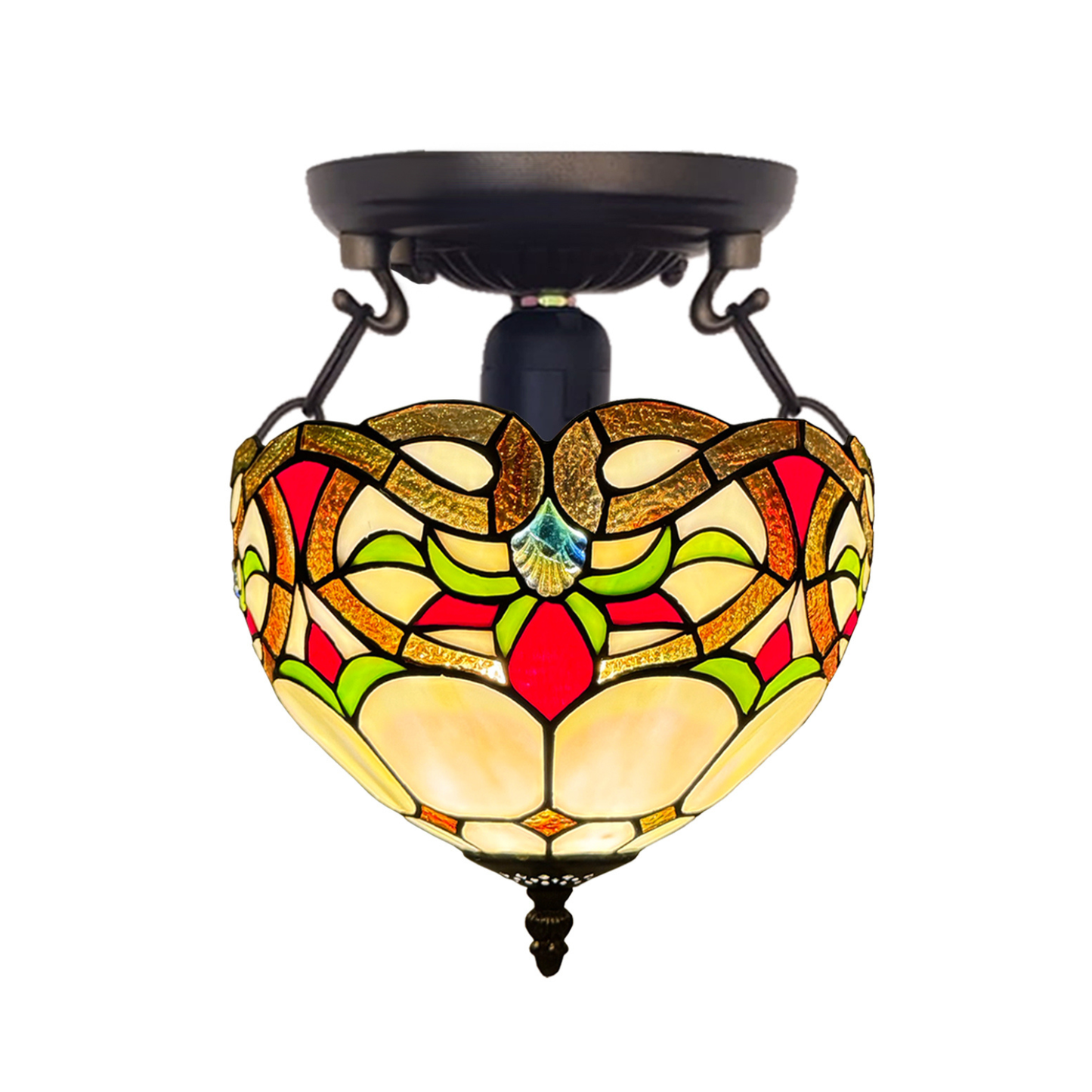 Auroh Tiffany Ceiling Light 10 Inch – C-1050 Cream & Amber Floral Scroll Handcrafted Stained Glass, Bedroom or Hallway, UK