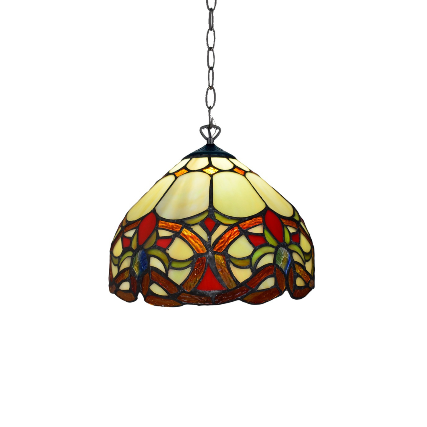 Auroh Tiffany pendant light 10 inch P-1050 cream and amber floral scroll stained glass hanging fitting