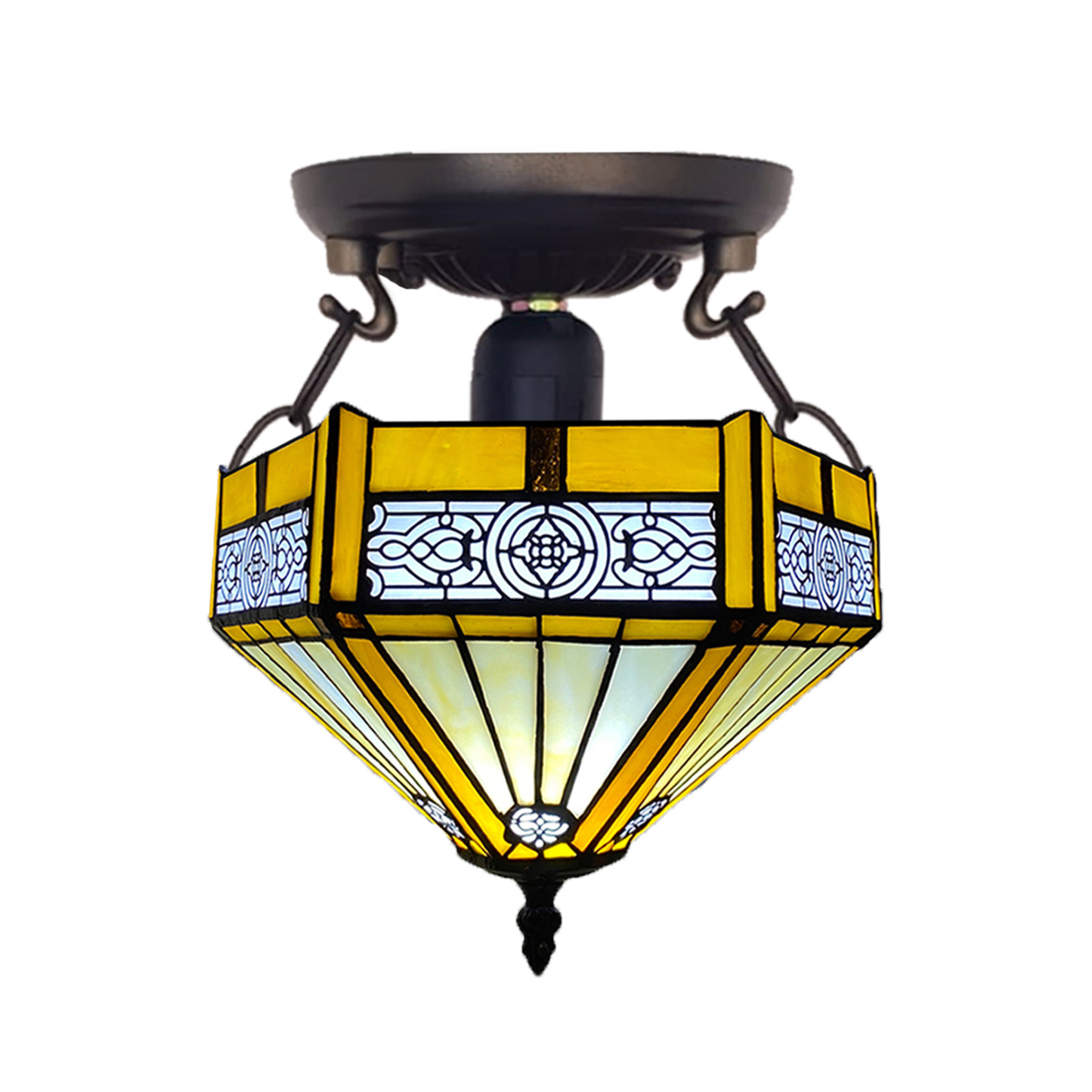 Auroh Tiffany Ceiling Light 10 Inch – C-1005 Yellow Amber Mission-Style Geometric Handcrafted Stained Glass, Bedroom or Hallway, UK