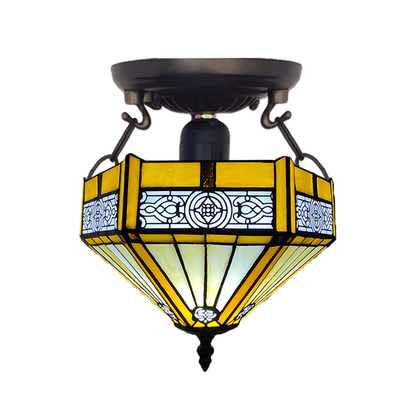 Auroh Tiffany Ceiling Light 10 Inch – C-1005 Yellow Amber Mission-Style Geometric Handcrafted Stained Glass, Bedroom or Hallway, UK