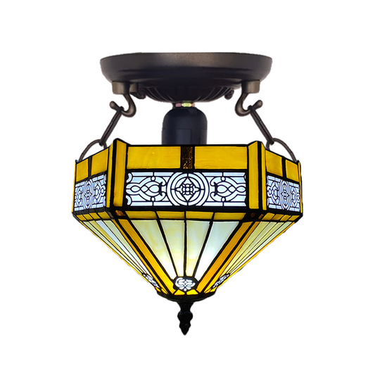 Auroh Tiffany Ceiling Light 10 Inch – C-1005 Yellow Amber Mission-Style Geometric Handcrafted Stained Glass, Bedroom or Hallway, UK