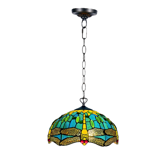 Auroh Tiffany Pendant Light 16 Inch – P-1615 Teal & Green Dragonfly Handcrafted Stained Glass, UK