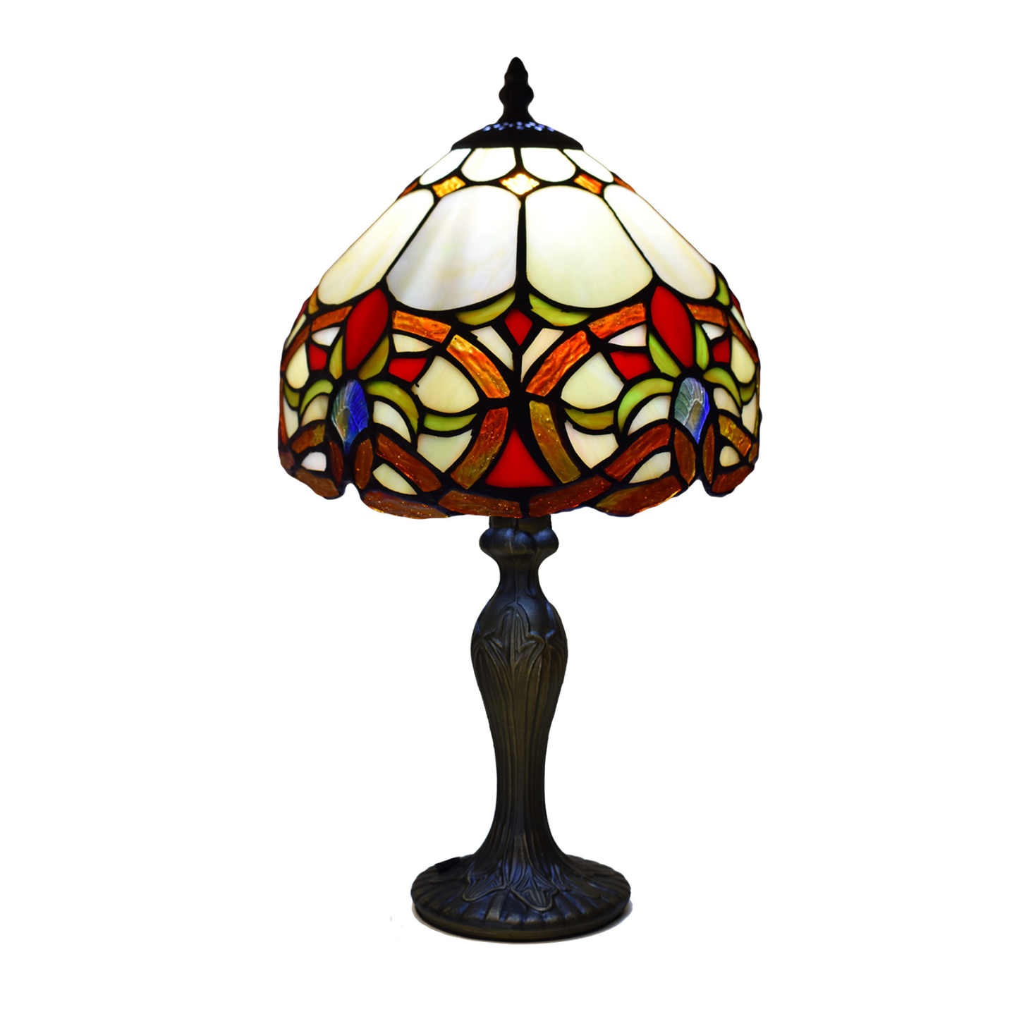 Auroh Tiffany Table Lamp 10 Inch – TFTL-1050 Cream & Amber Floral Scroll Handcrafted Stained Glass, Bedside or Desk, UK