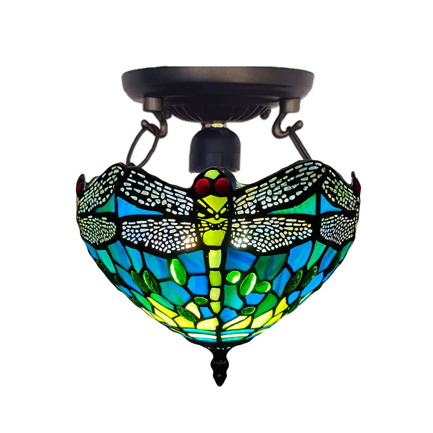 Auroh Tiffany Ceiling Light 10 Inch – C-1015 Teal & Green Dragonfly Handcrafted Stained Glass, Bedroom or Hallway, UK