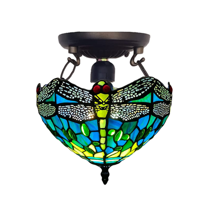 Auroh Tiffany Ceiling Light 10 Inch – C-1015 Teal & Green Dragonfly Handcrafted Stained Glass, Bedroom or Hallway, UK