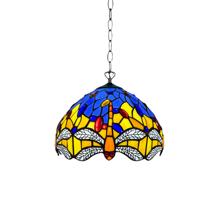 Auroh Tiffany pendant light 10 inch P-1003 blue and yellow dragonfly white wings stained glass hanging fitting