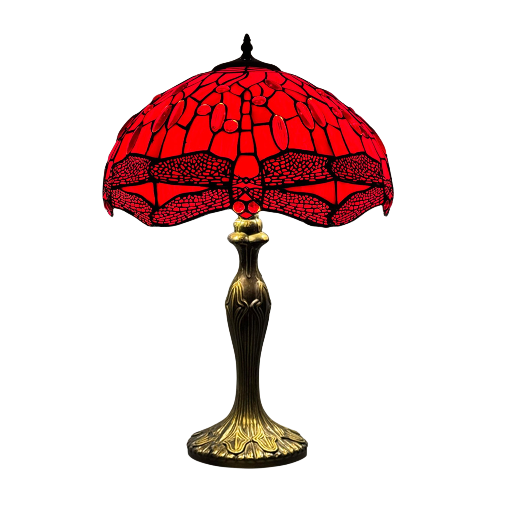 Auroh Tiffany table lamp 16 inch TFTL-1606 red dragonfly stained glass shade on antique gold base