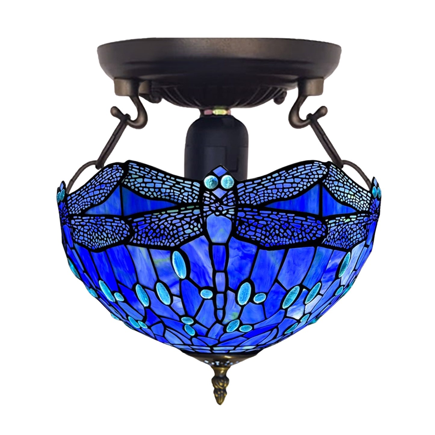 Auroh Tiffany ceiling light 16 inch C-1607 deep sapphire blue dragonfly stained glass flush mount