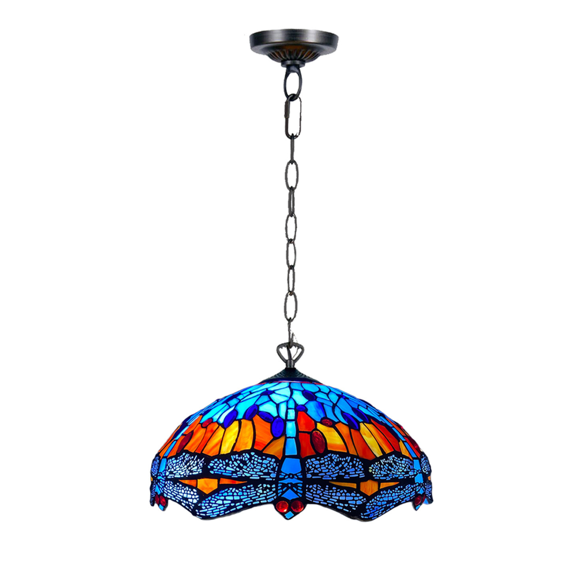 Auroh Tiffany pendant light 16 inch P-1602 blue and amber sunset dragonfly stained glass hanging fitting