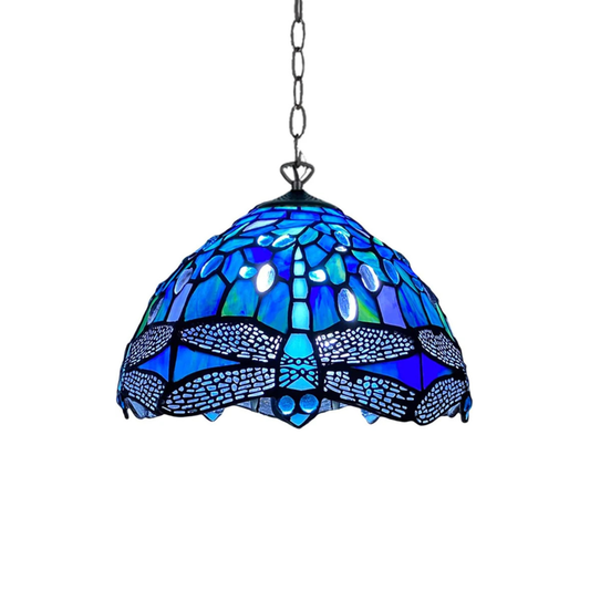 Auroh Tiffany Pendant Light 10 Inch – P-1007 Deep Sapphire Blue Dragonfly Handcrafted Stained Glass, Hallway or Bedroom, UK