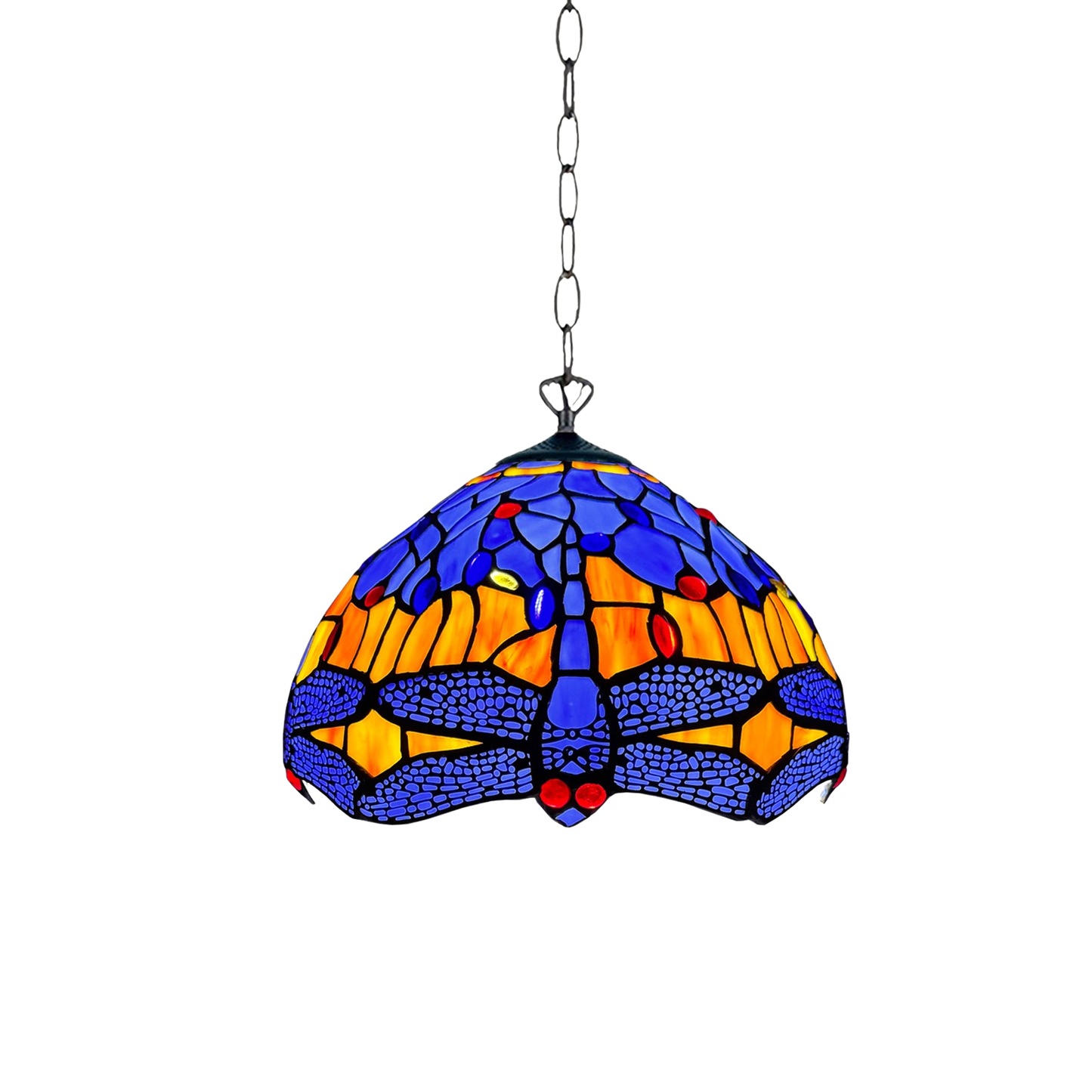 Auroh Tiffany pendant light 10 inch P-1002 blue and amber sunset dragonfly stained glass hanging fitting