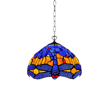 Auroh Tiffany pendant light 10 inch P-1002 blue and amber sunset dragonfly stained glass hanging fitting