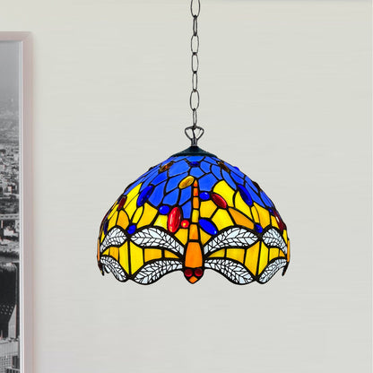 Auroh Tiffany Pendant Light 10 Inch – P-1003 Blue & Yellow Dragonfly with White Wings Handcrafted Stained Glass, Hallway or Bedroom, UK
