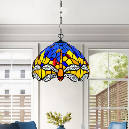 Auroh Tiffany Pendant Light 10 Inch – P-1003 Blue & Yellow Dragonfly with White Wings Handcrafted Stained Glass, Hallway or Bedroom, UK
