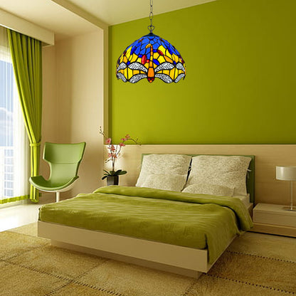 Auroh Tiffany Pendant Light 10 Inch – P-1003 Blue & Yellow Dragonfly with White Wings Handcrafted Stained Glass, Hallway or Bedroom, UK