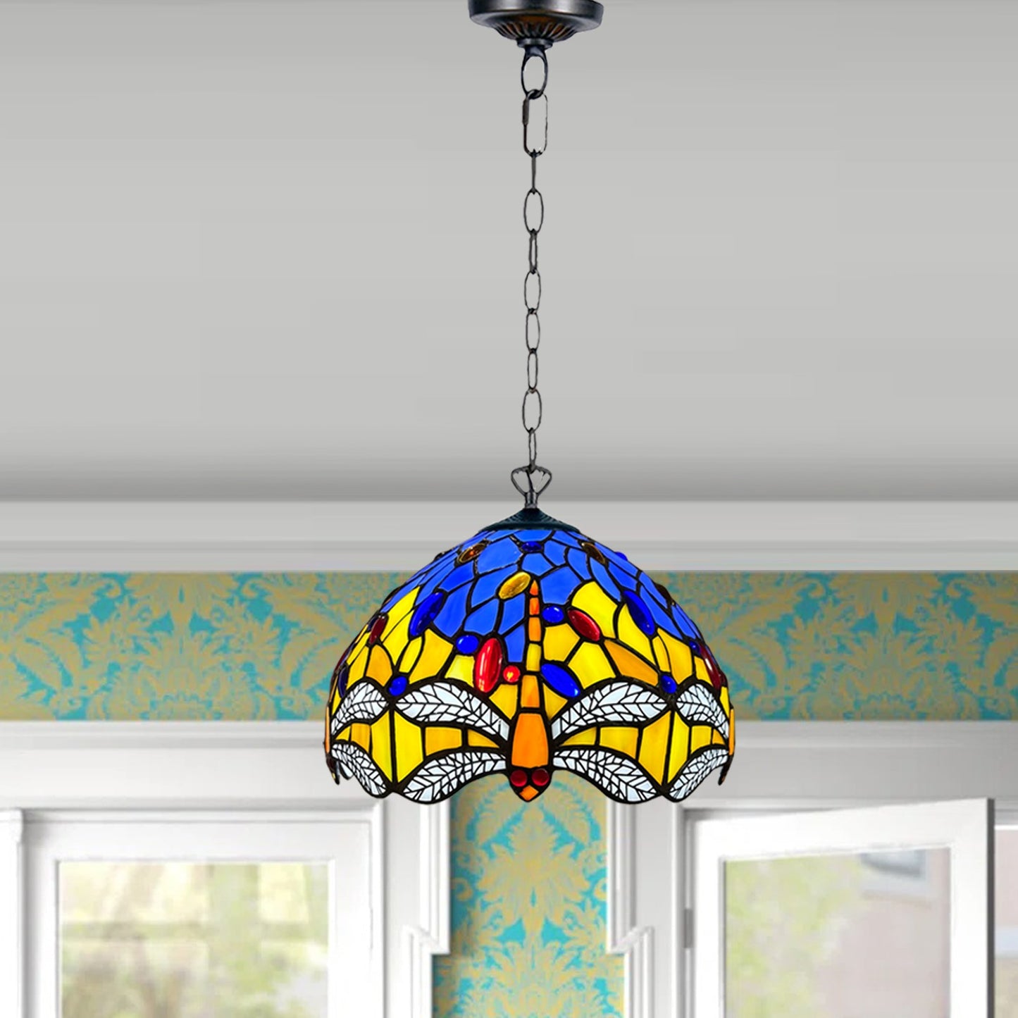 Auroh Tiffany Pendant Light 10 Inch – P-1003 Blue & Yellow Dragonfly with White Wings Handcrafted Stained Glass, Hallway or Bedroom, UK