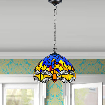 Auroh Tiffany Pendant Light 10 Inch – P-1003 Blue & Yellow Dragonfly with White Wings Handcrafted Stained Glass, Hallway or Bedroom, UK